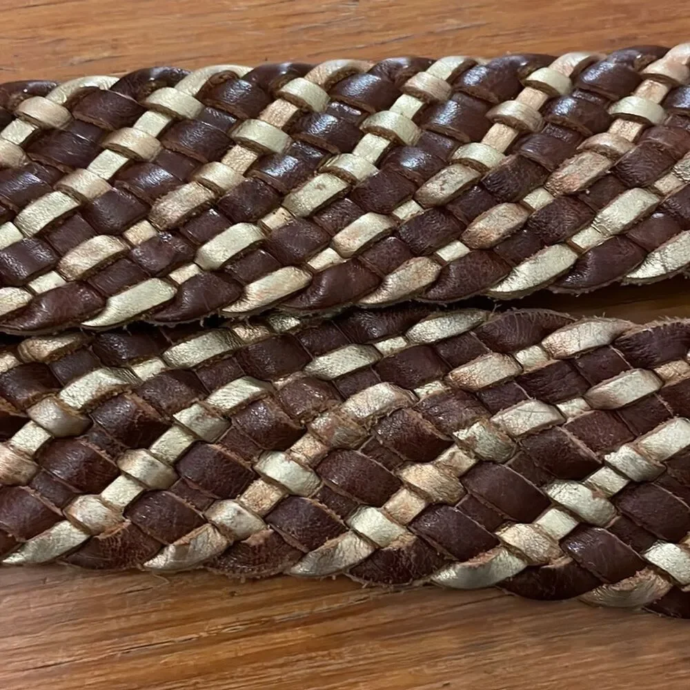 American Eagle Braided Leather Belt Brown Gold Oval Buckle Womens S/M